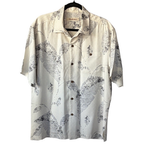 Tommy Bahama Men’s 100% Silk White and Black Leaf Print Button-Up Shirt size L